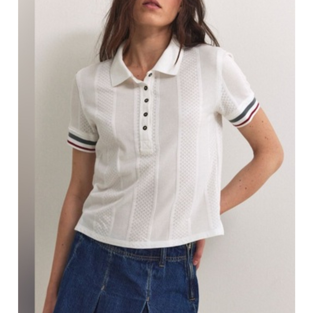 We The Free Clara white cotton lace polo top Size Sm Preppy Tennis Sporty Boho